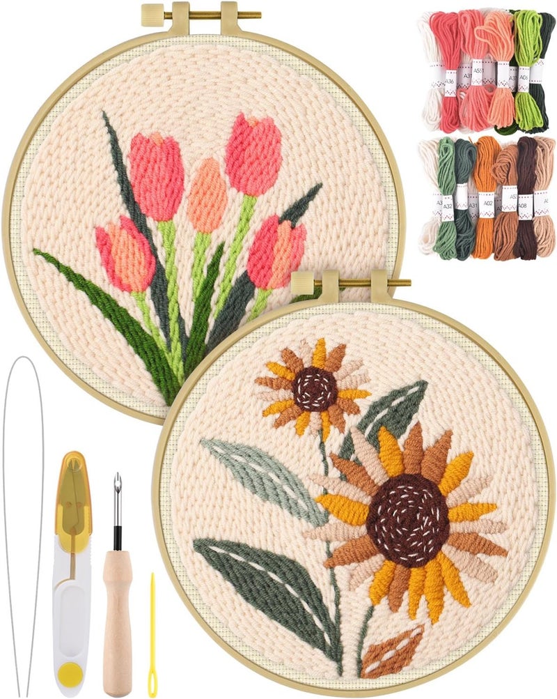 ERKOON Punch Needle Kit Adults Beginners, 2 Pcs DIY Easy Flower Embroidery Set for Starter Art Craft, Needling Punching Project with Patterns, Tools, Yarns, Hoop, Instruction (Sunflowers & Tulips) - Image 1
